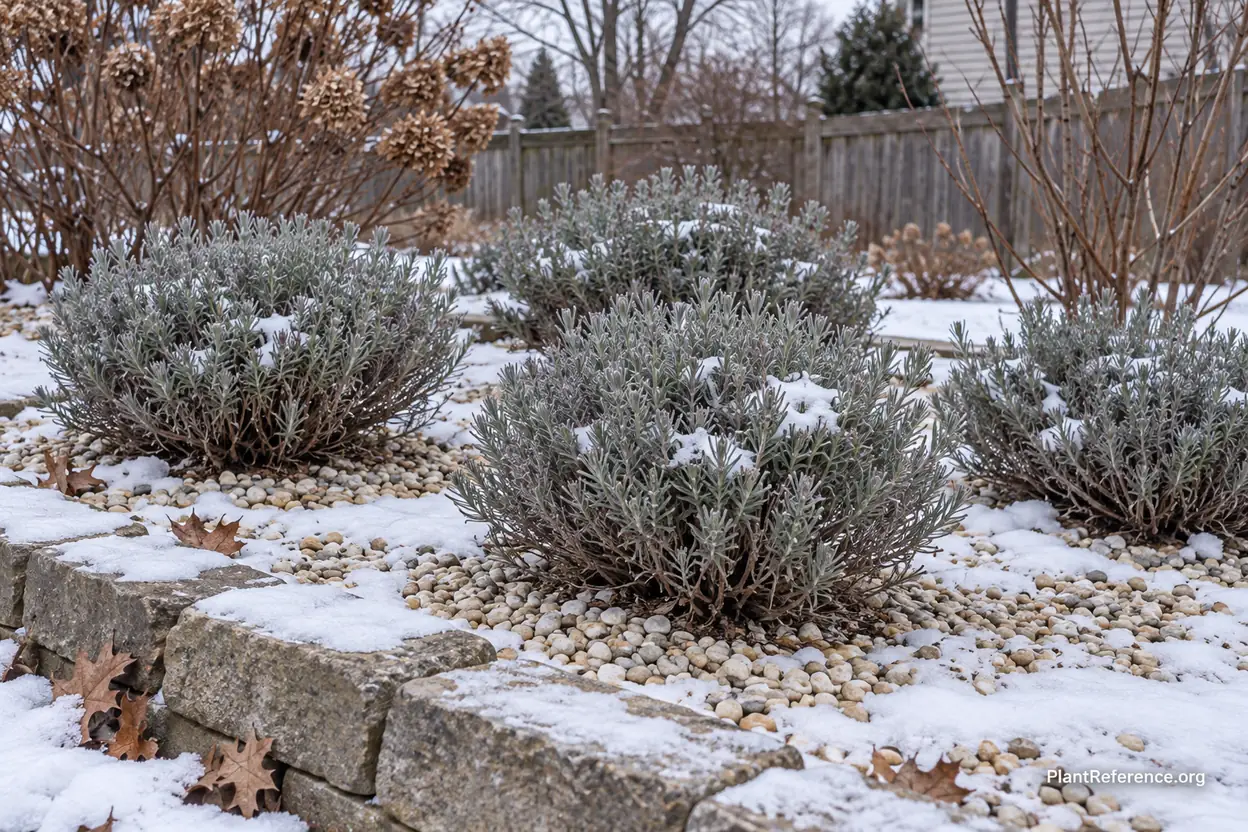Dormant lavender plants under light snow surrounded by pale gravel mulch