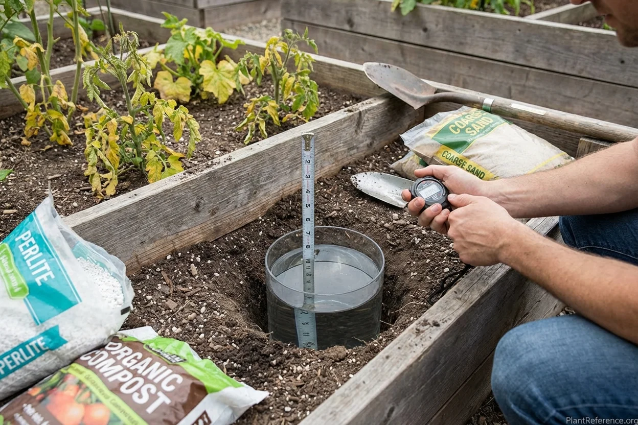 Percolation test showing drainage rate in raised bed soil for diagnosing water problems