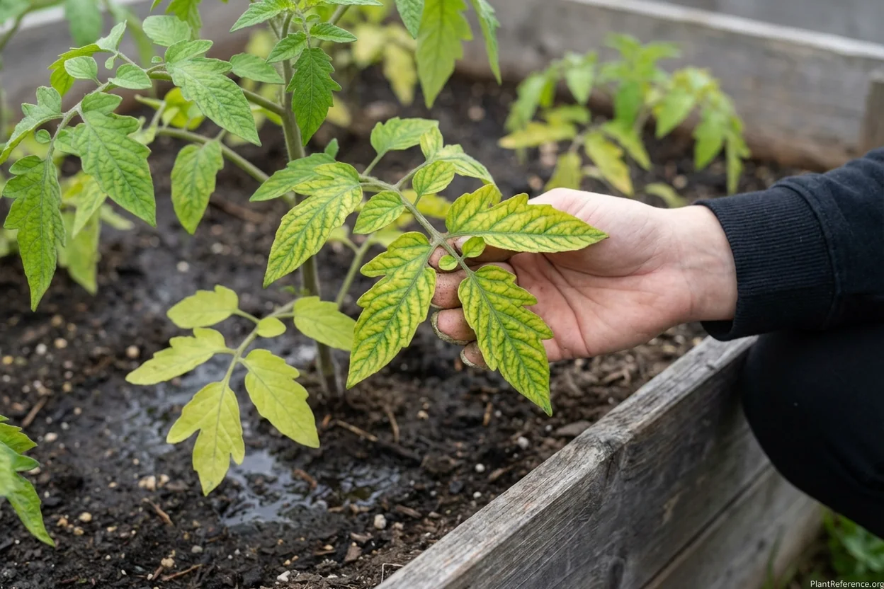 Plant leaves showing nutrient deficiency symptoms with yellowing and pale coloration in raised beds
