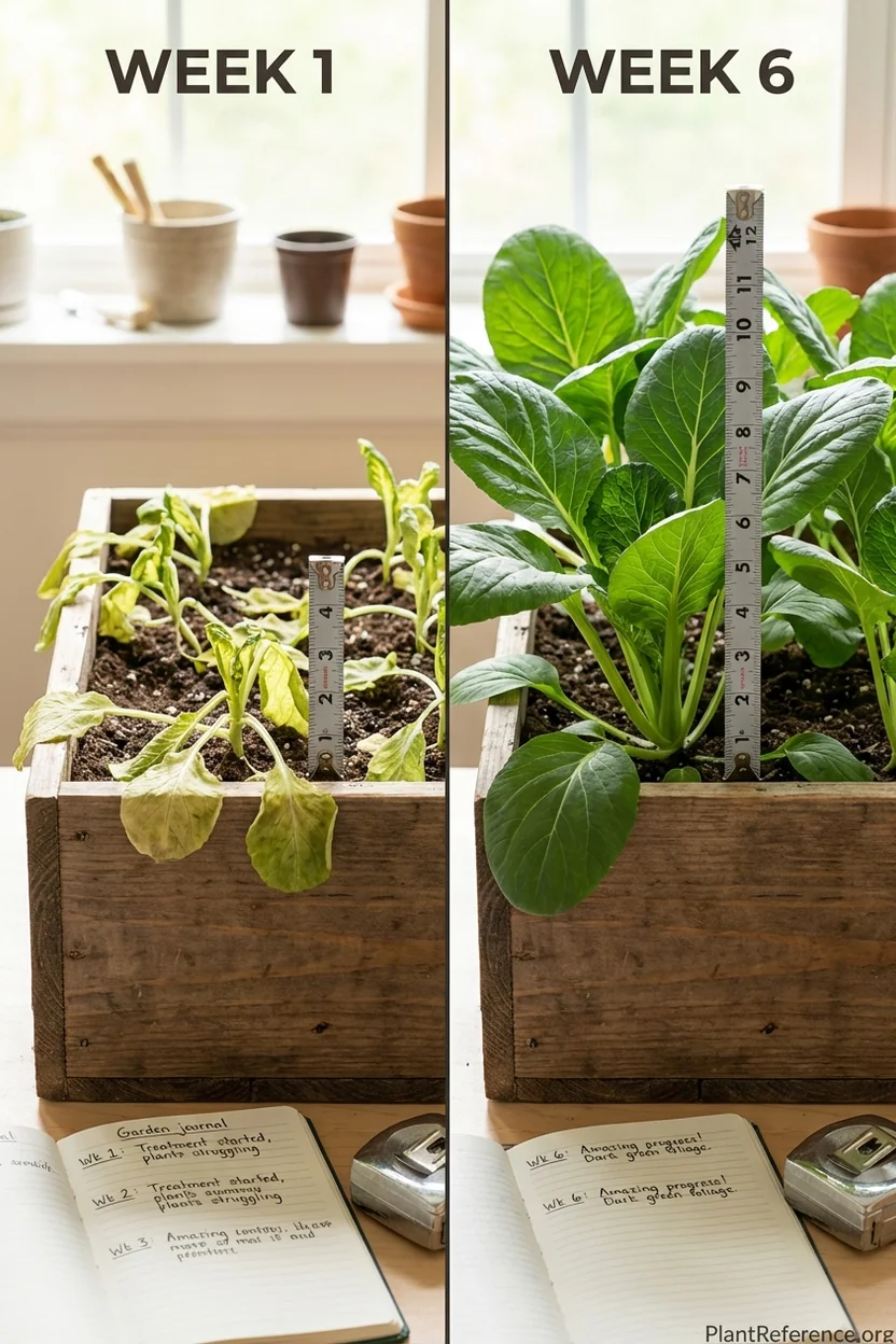 Before and after photos showing stunted raised bed plants recovering to healthy growth