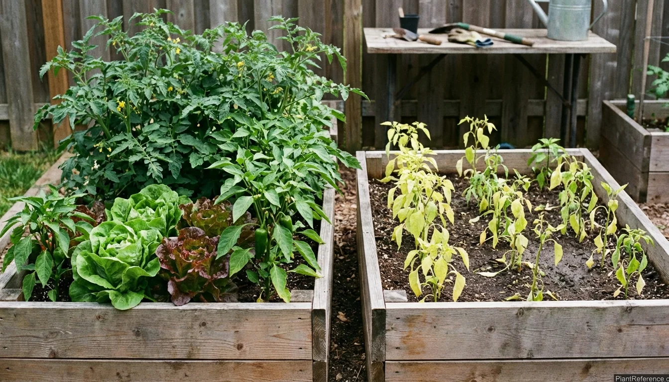 Healthy raised bed plants compared to stunted yellowing plants showing growth problems