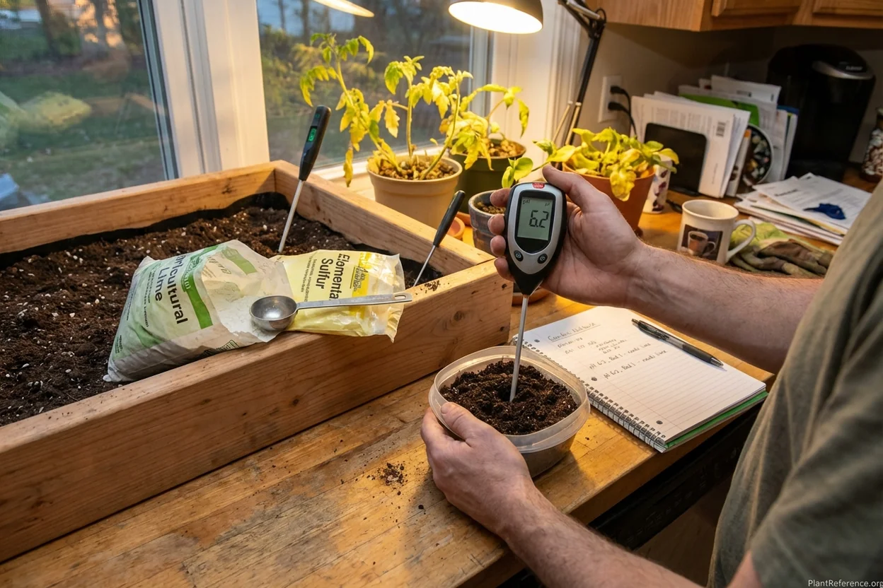 Digital pH meter testing soil in raised bed with pH adjustment amendments