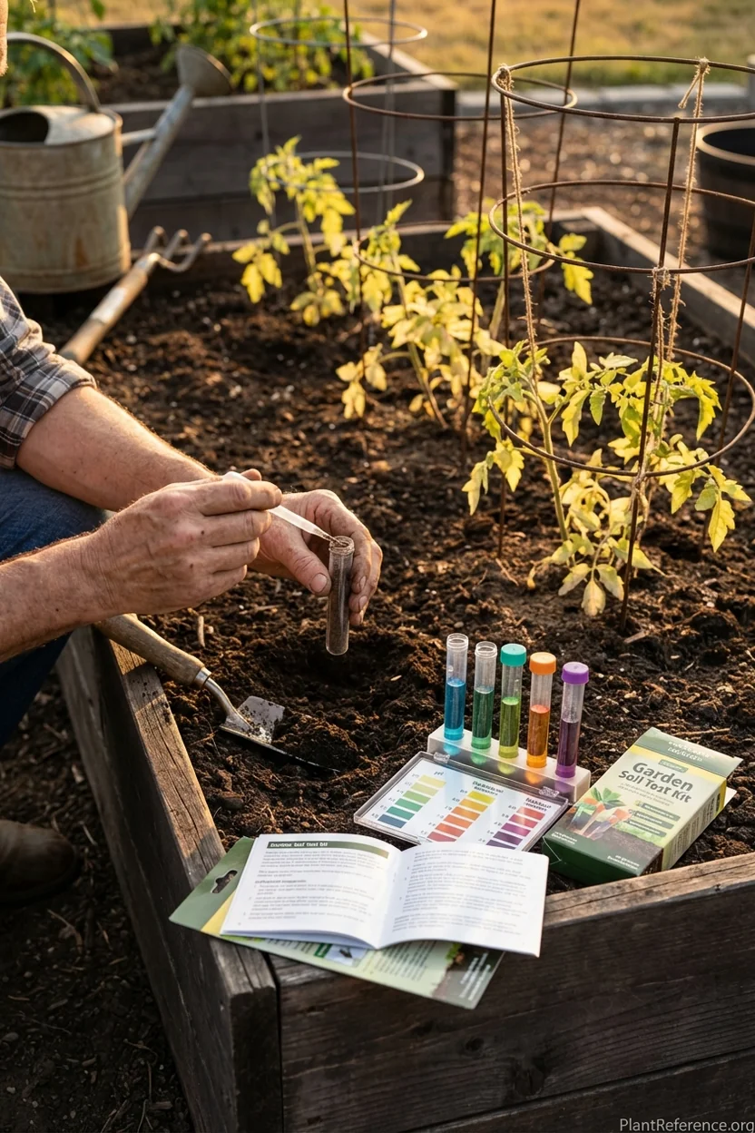Gardener using soil test kit to diagnose nutrient deficiency in raised bed garden