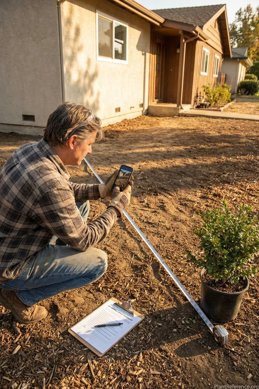 Property owner measuring and photographing defensible space clearances for insurance documentation
