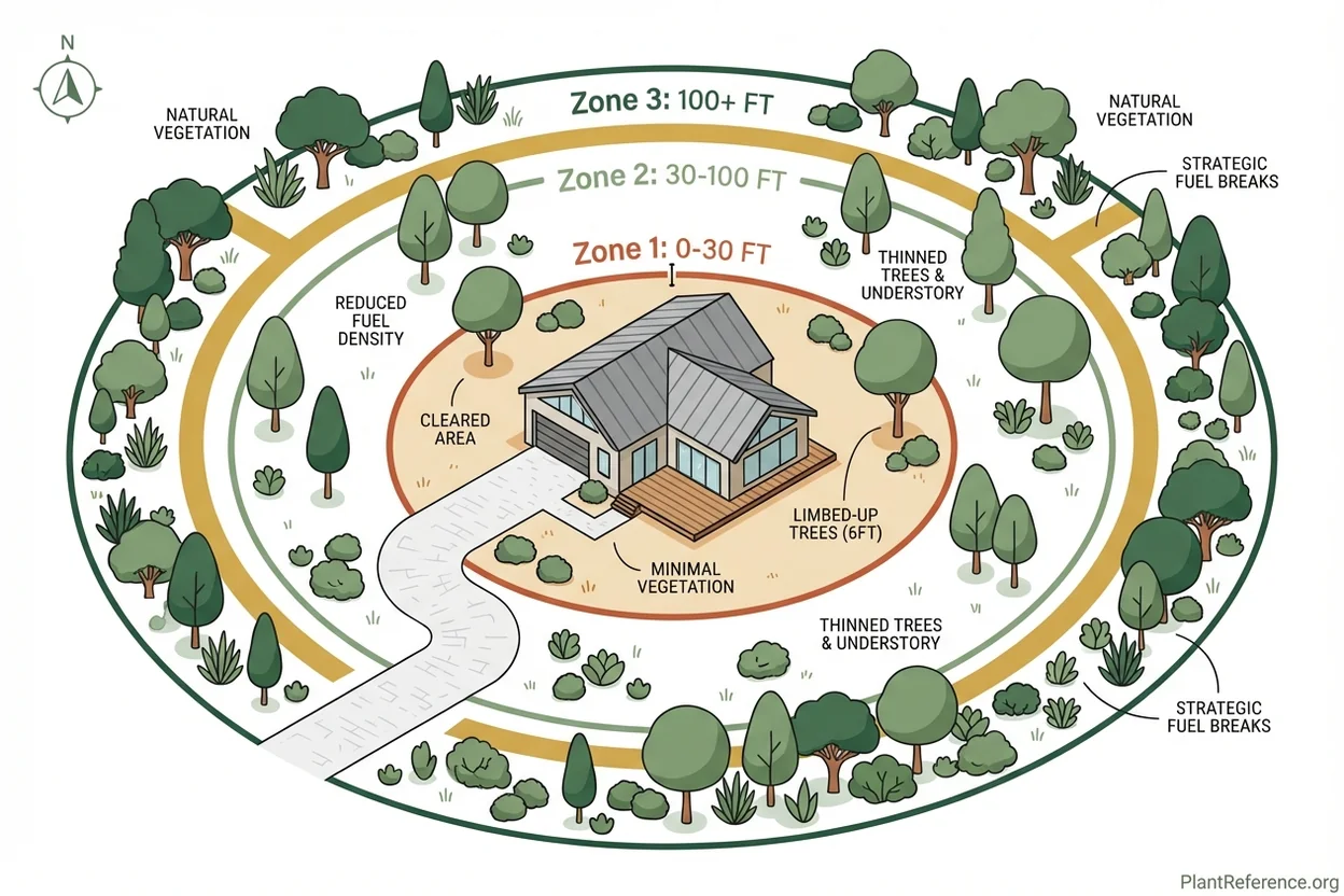 Three-zone defensible space diagram showing vegetation management requirements at different distances from home