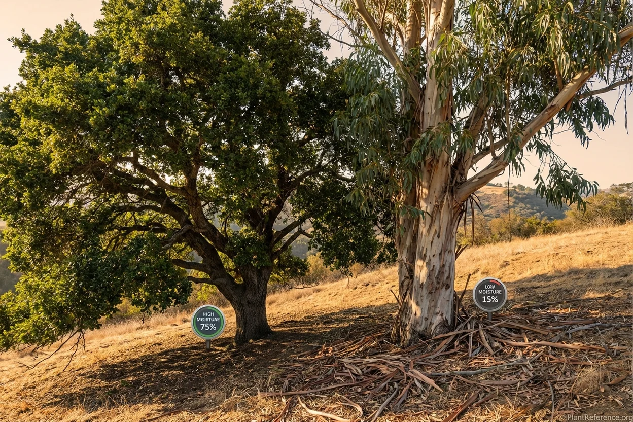 Side-by-side comparison of fire-resistant coast live oak versus fire-prone eucalyptus tree characteristics