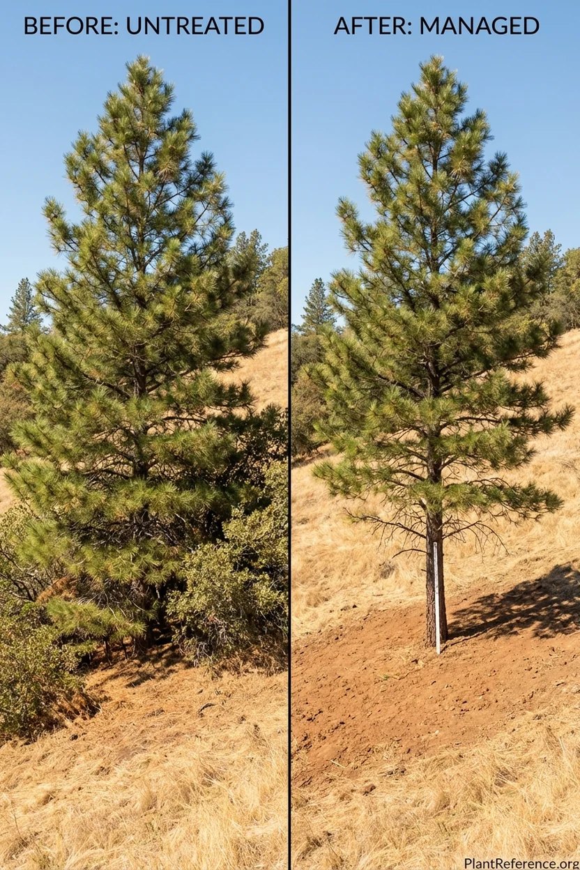 Before and after photos showing ladder fuel removal and proper tree limbing for defensible space