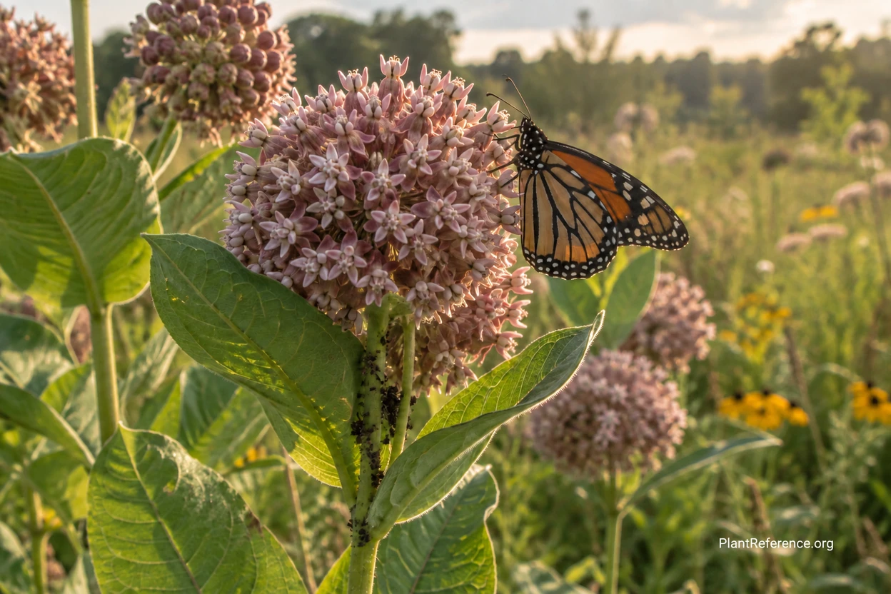 Common milkweed cluster showing dusty pink rounded flower heads in a field