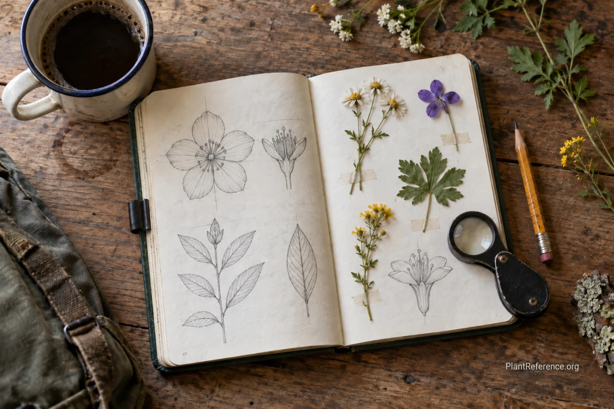Field notebook sketching flower symmetry and leaf arrangement to confirm wildflower identification