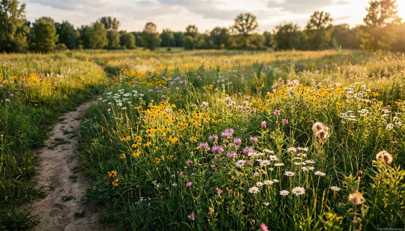 Wild meadow with white, yellow, purple, and pink wildflowers used for color-based identification