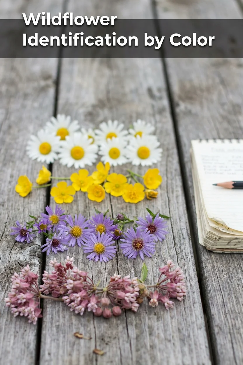 Wildflower identification by color guide showing white, yellow, purple, and pink flowers