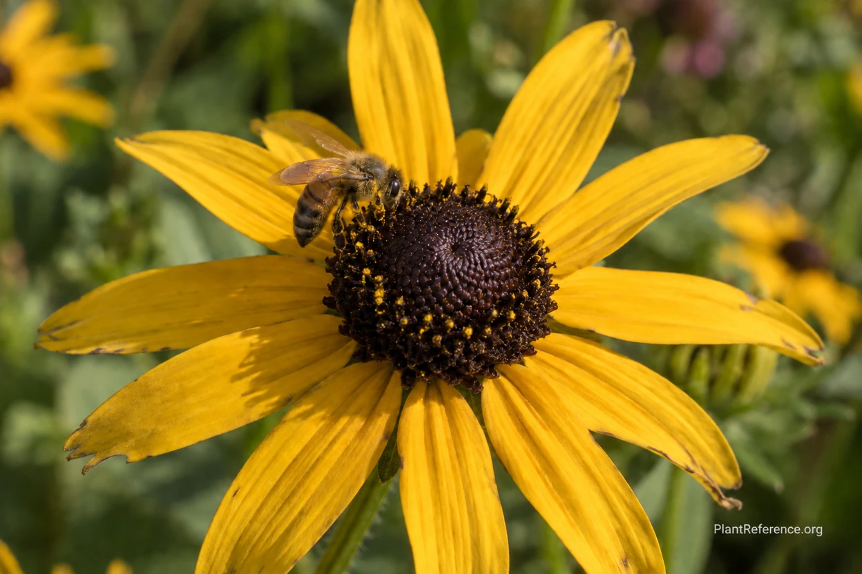 Black-eyed Susan close-up showing yellow ray florets around a dark central disk