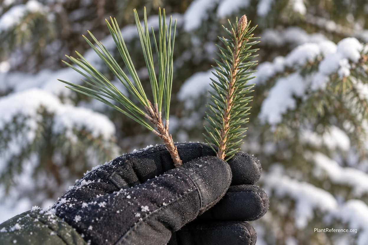 Pine needle bundles compared with single spruce needles held in a gloved hand in winter