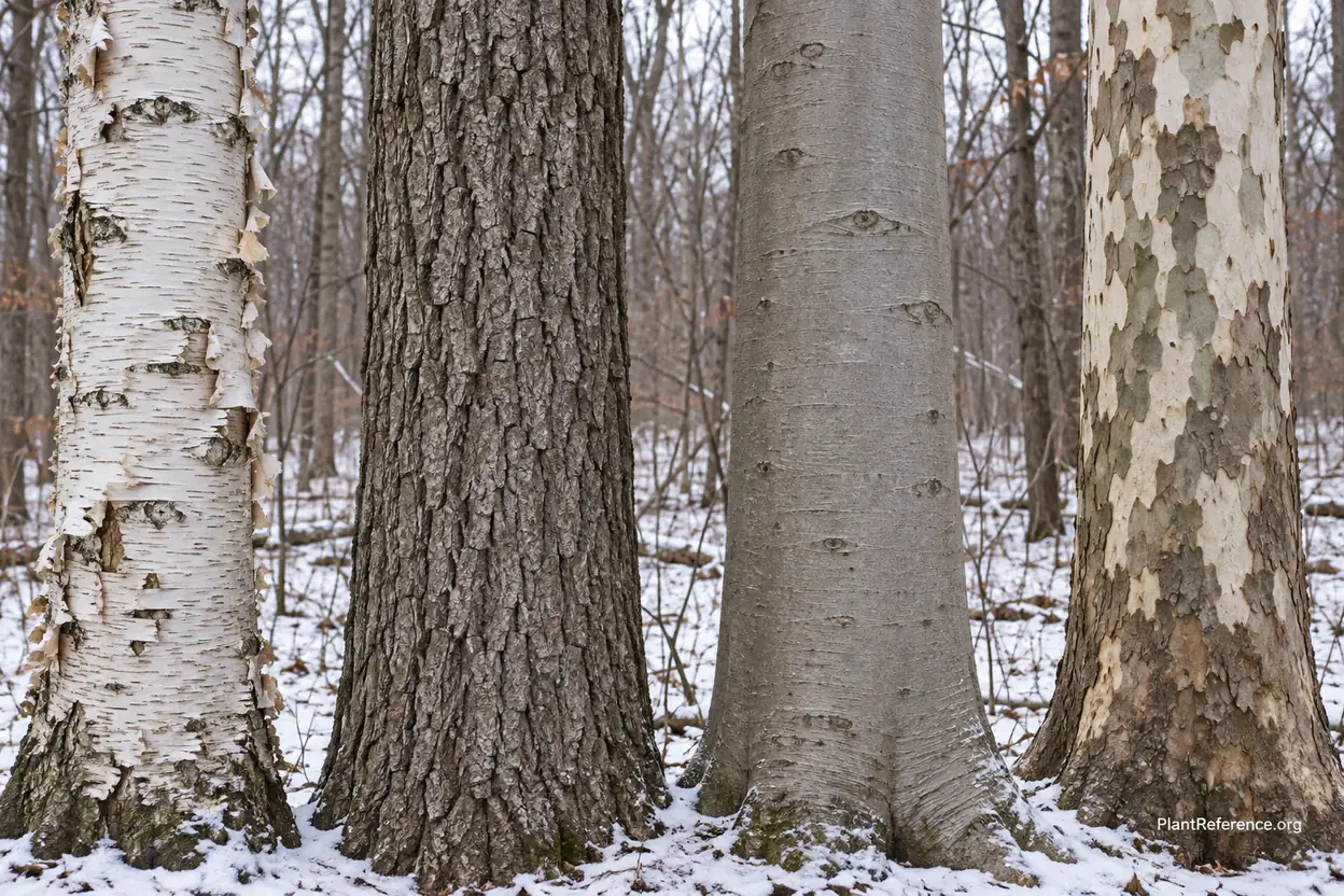 Four winter tree bark textures compared including peeling birch furrowed oak smooth beech and camouflage sycamore