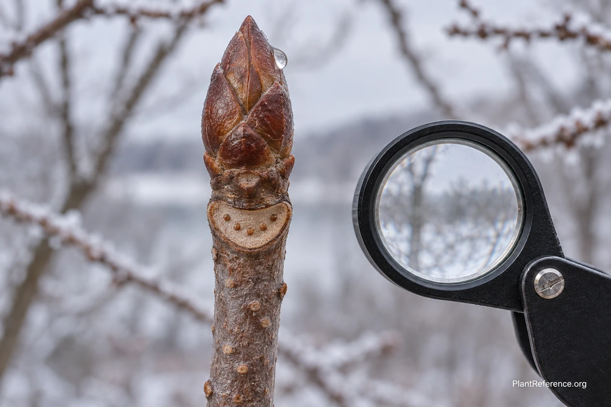 Close-up of winter terminal bud and crescent-shaped leaf scar with bundle scars