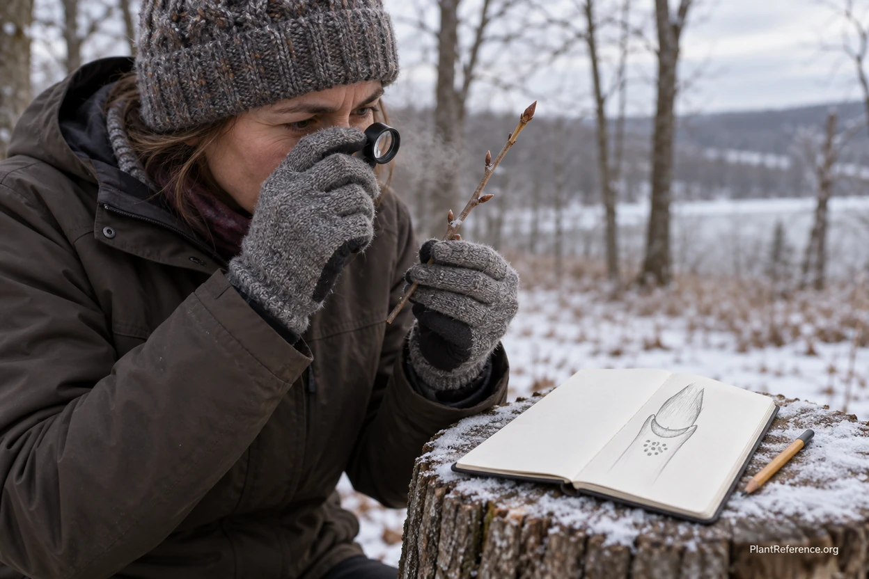 Person using a 10x hand lens to inspect a bare winter twig while sketching notes in a field notebook