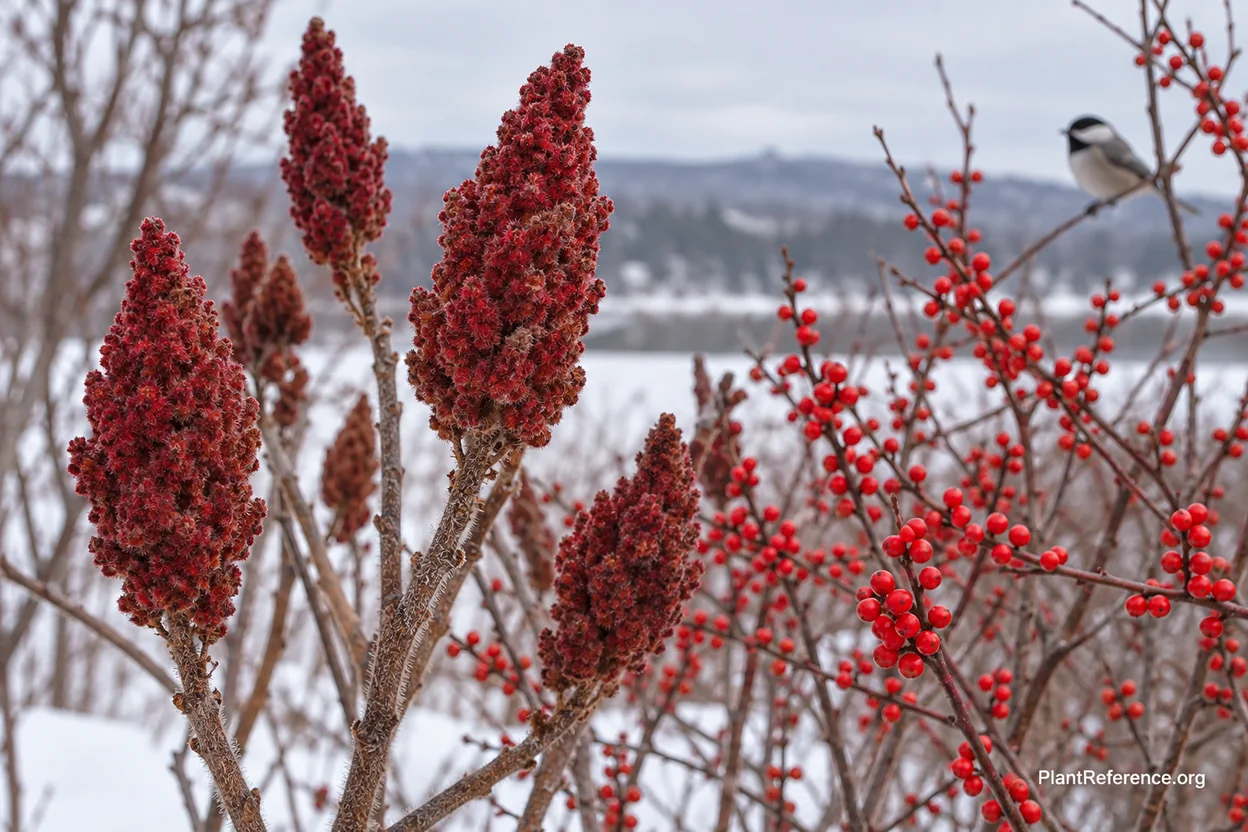 Staghorn sumac red fruit cones and winterberry holly berries persisting on bare winter branches