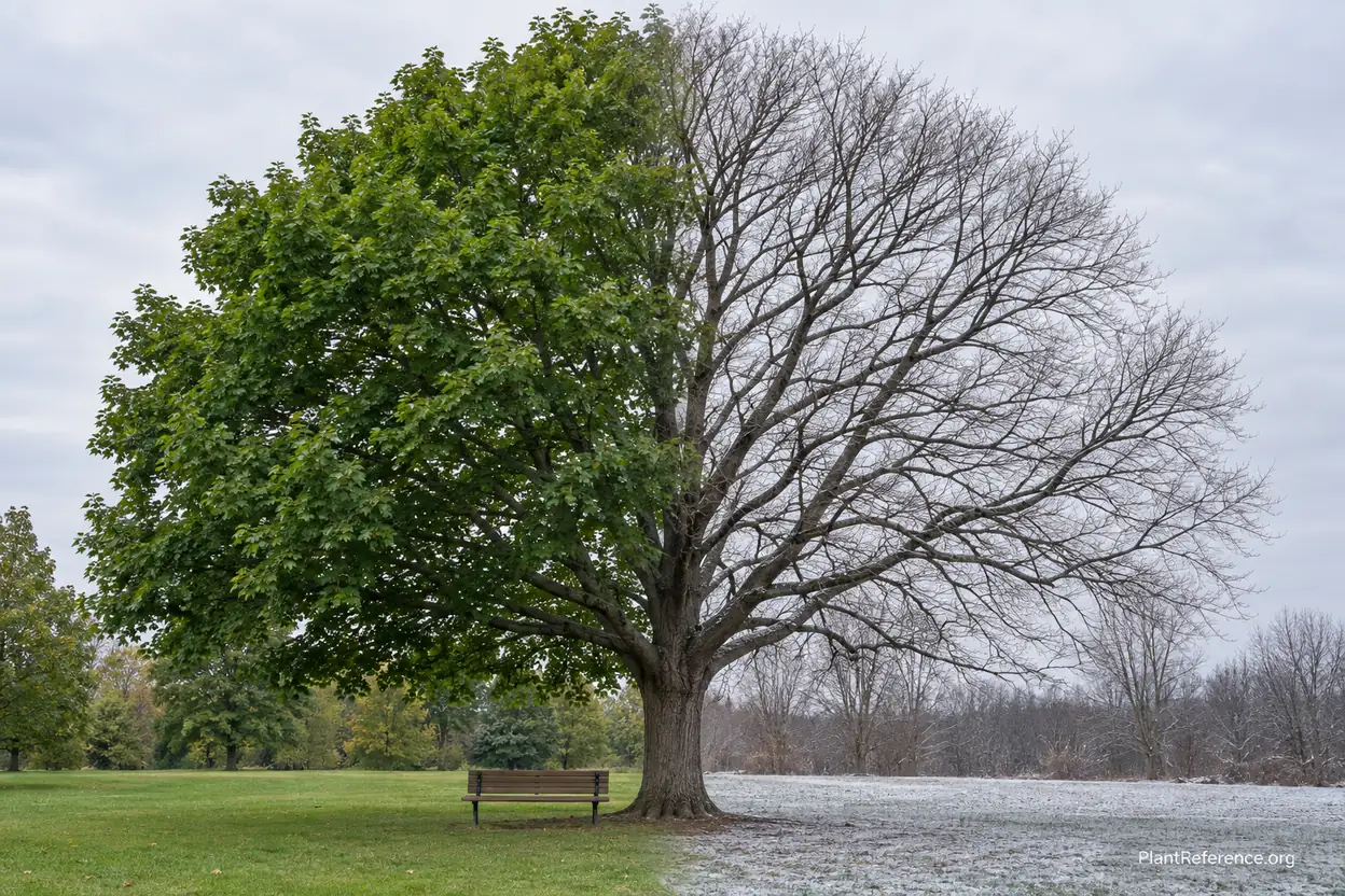 Same deciduous tree shown in summer with leaves and in winter bare showing branch structure