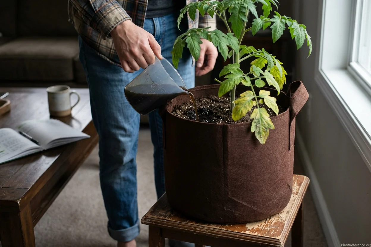 Applying liquid fertilizer to container tomato with yellow leaves for nutrient deficiency treatment