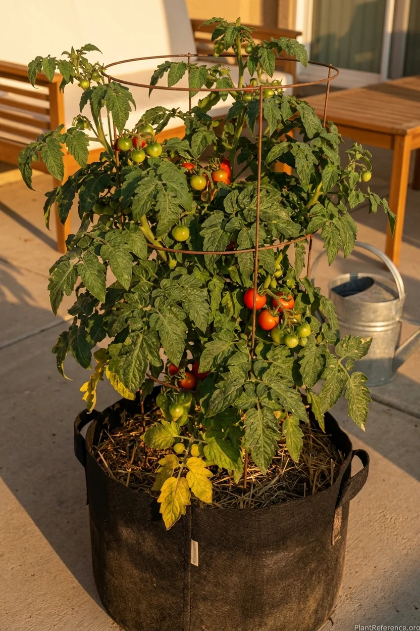 Healthy container tomato plant with vibrant green leaves showing proper nutrition and care