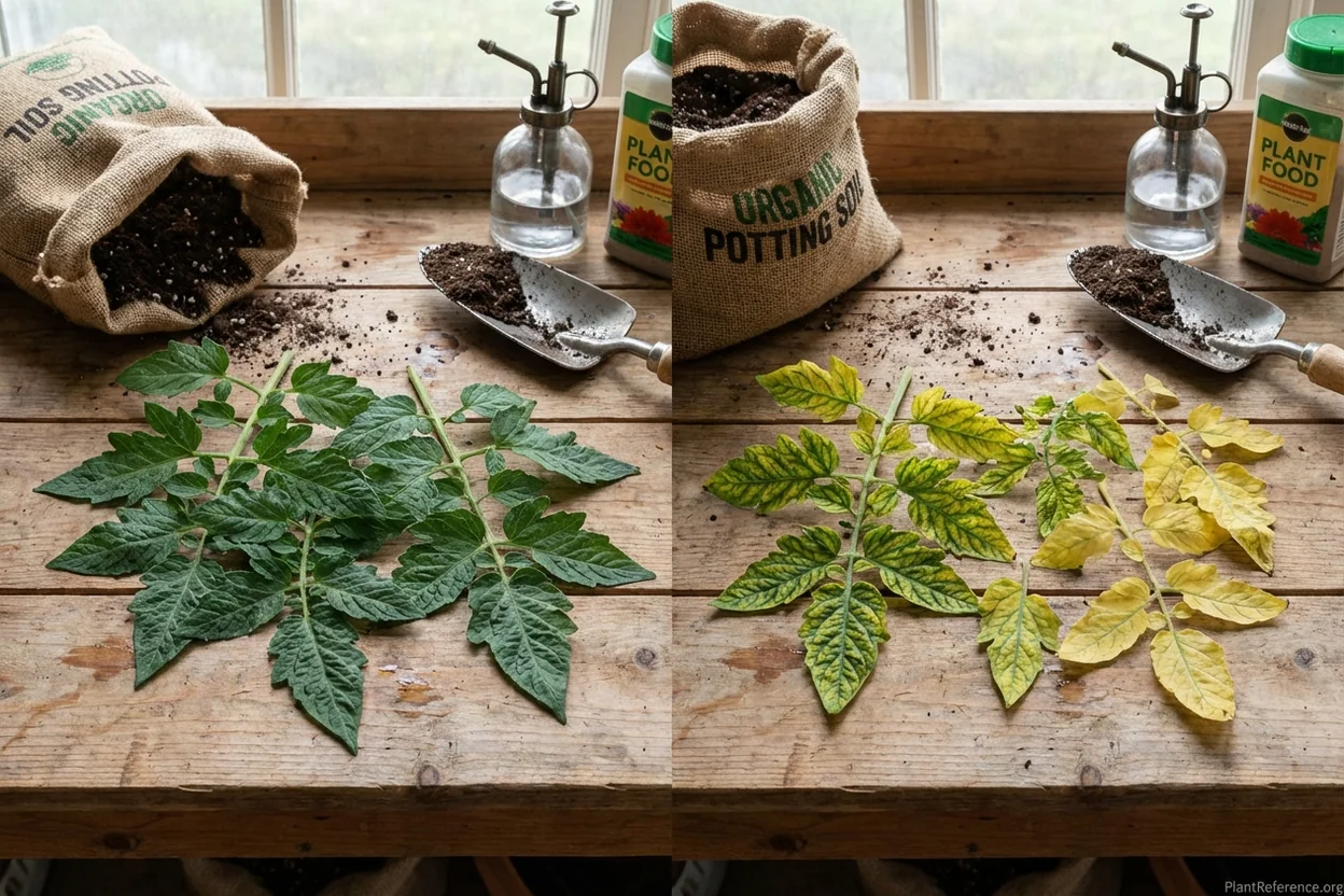 Comparison of healthy green tomato leaves and yellow nutrient-deficient leaves showing visual differences