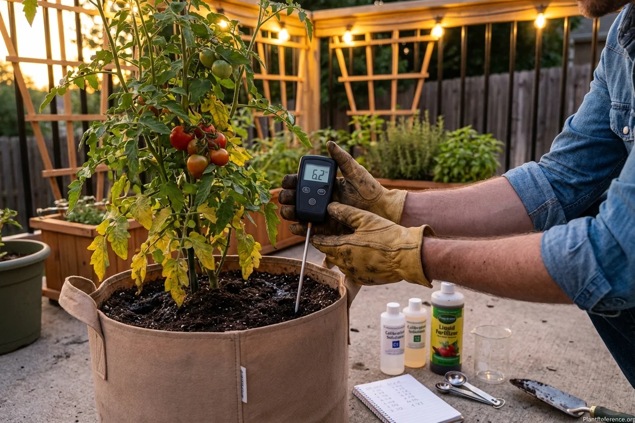 Testing container tomato soil pH with digital meter to diagnose nutrient availability