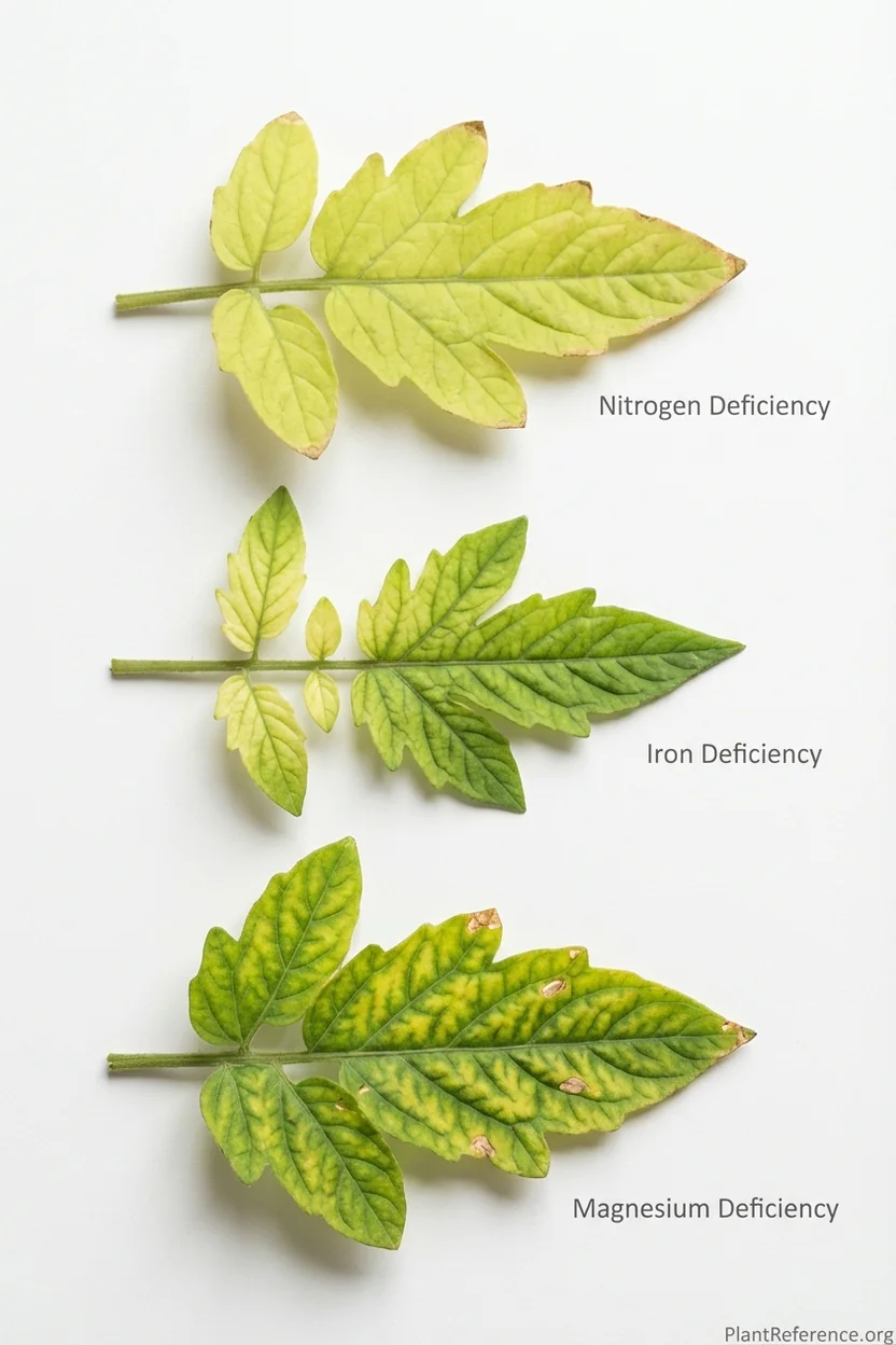 Diagnostic guide showing nitrogen, iron, and magnesium deficiency patterns on tomato leaves