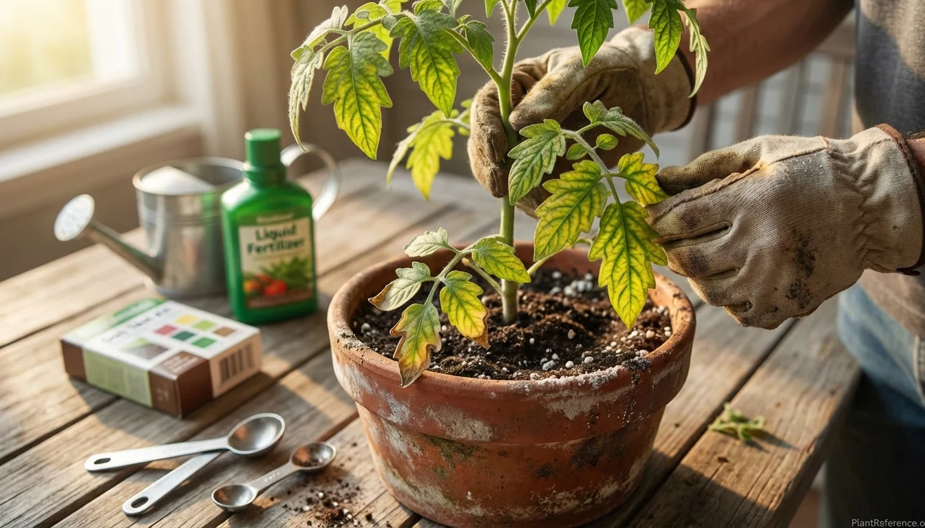 Container tomato plant with yellow leaves showing nutrient deficiency patterns for diagnosis