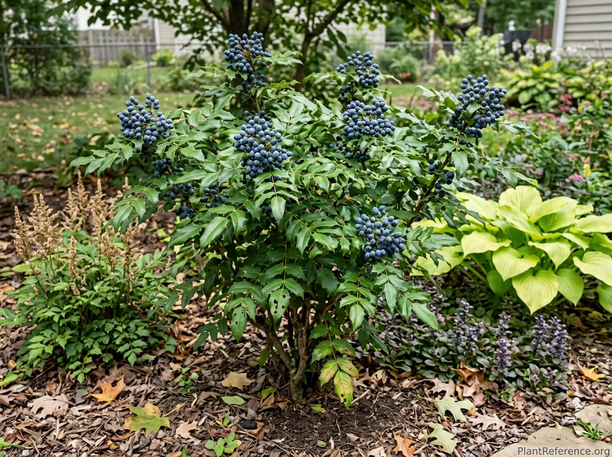 8-year-old Oregon grape shrub displaying abundant blue-black berry clusters among glossy evergreen compound leaves, planted with hostas and astilbe in summer garden border