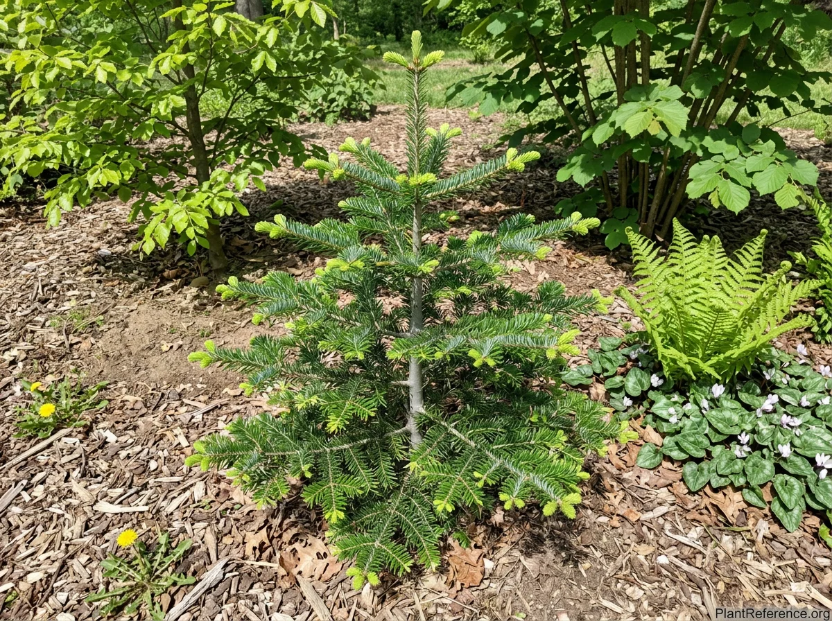 An 8-year-old Bulgarian Fir in a botanical garden Balkan collection in late May, displaying broadly pyramidal form with tiered branches and spring growth tips, alongside young European beech, hazel, male fern, and hardy cyclamen groundcover.