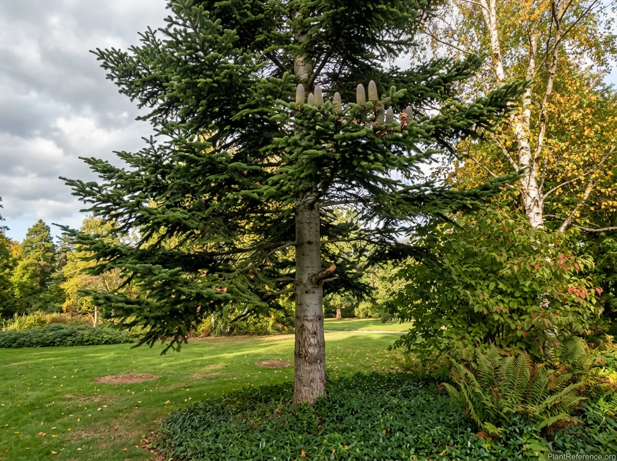 A 35-year-old Bulgarian Fir in a park arboretum in early September, displaying columnar evergreen crown with disintegrating cylindrical cones on upper branches and furrowed bark, alongside silver birch with yellowing leaves, bloodtwig dogwood, male fern, and periwinkle groundcover.