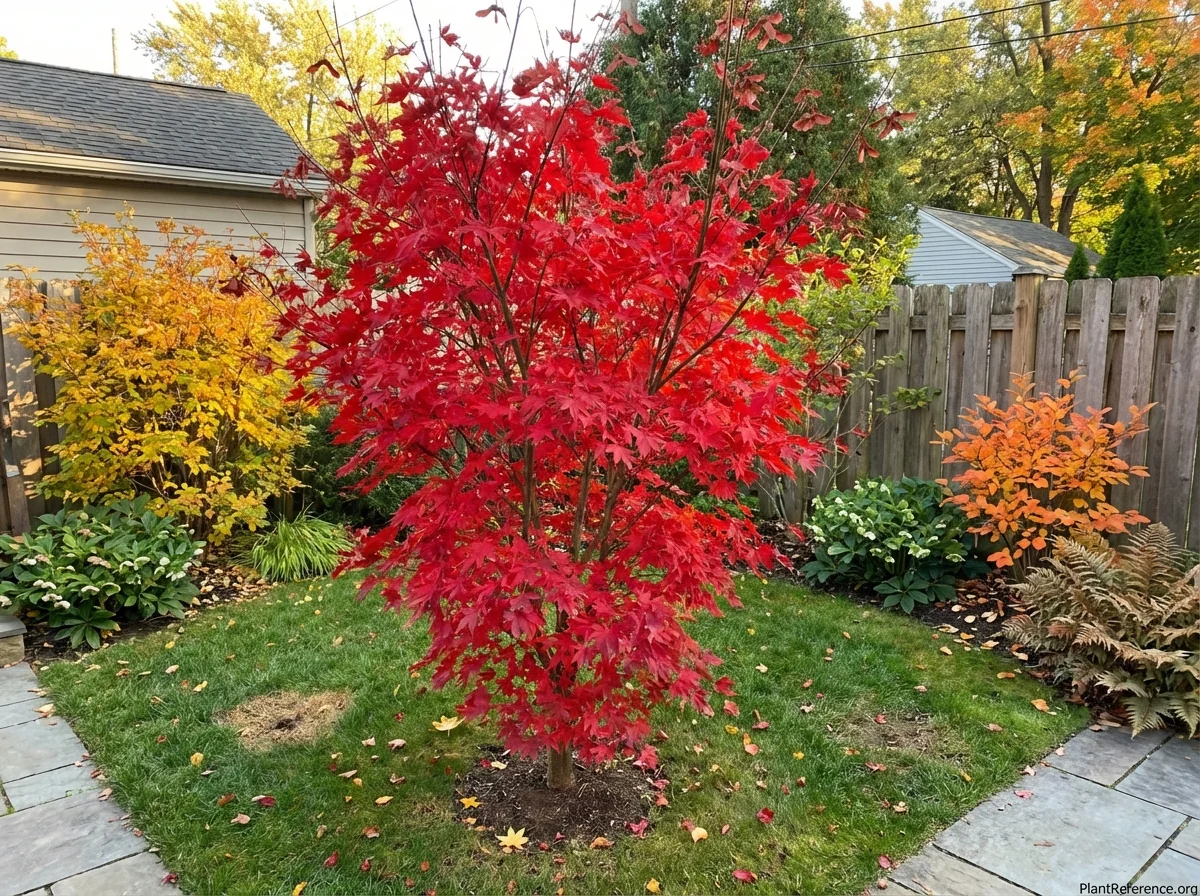 Twelve-year-old Wolff Japanese maple showing brilliant crimson fall color with graceful upright form in courtyard garden setting with companion shrubs