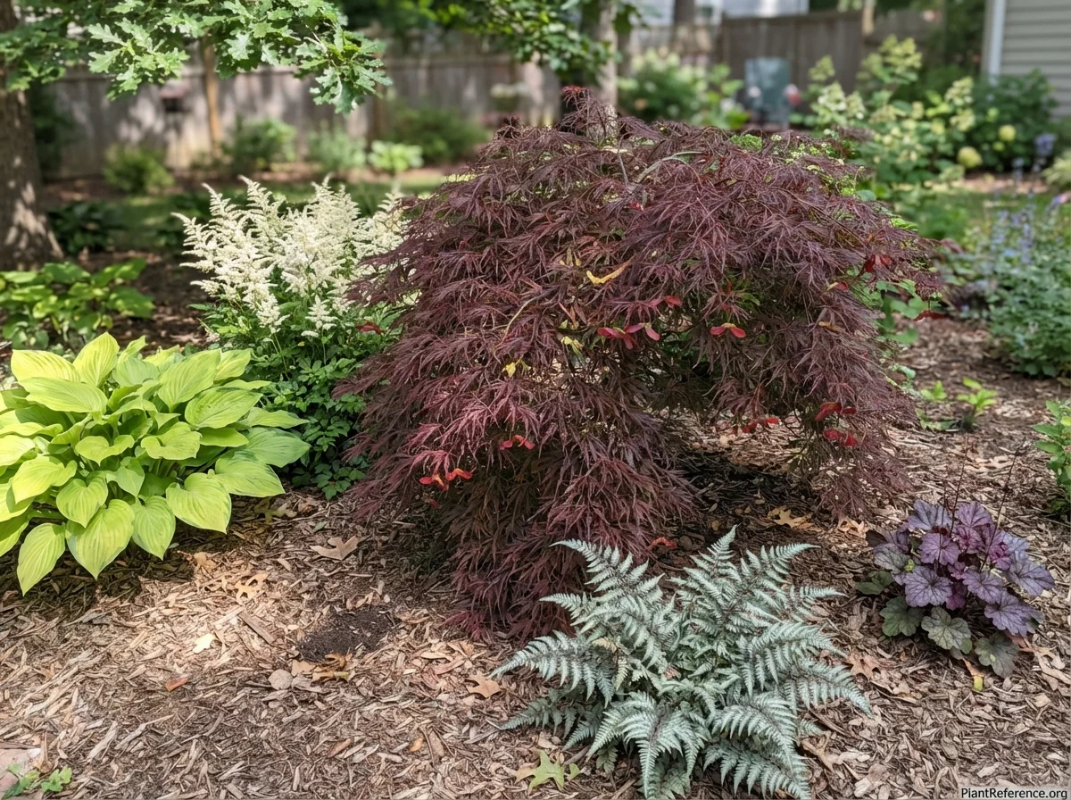 Mid-age Red Dragon Japanese maple with burgundy weeping foliage and red samaras in woodland garden with hostas and astilbe in summer