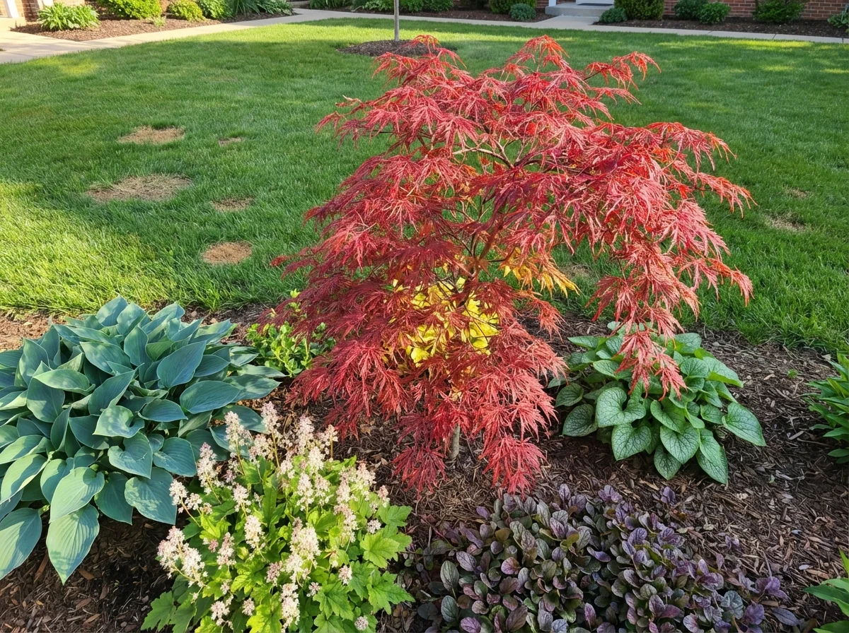 Young Red Dragon Japanese maple with bright red spring foliage in courtyard shade garden surrounded by hostas and groundcover plants