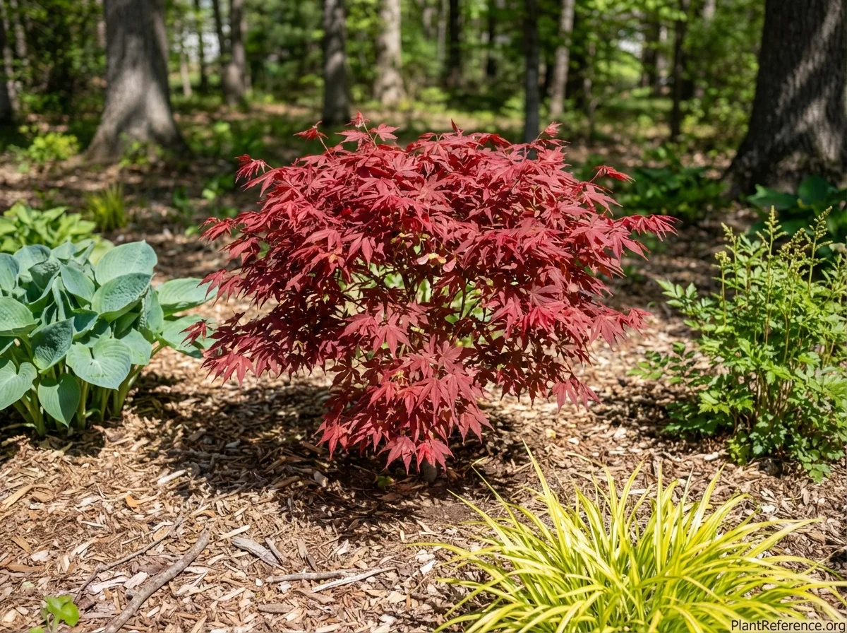 Young red-leafed Shaina Japanese maple in spring garden with companion hostas and ornamental grass, showing brilliant red new foliage