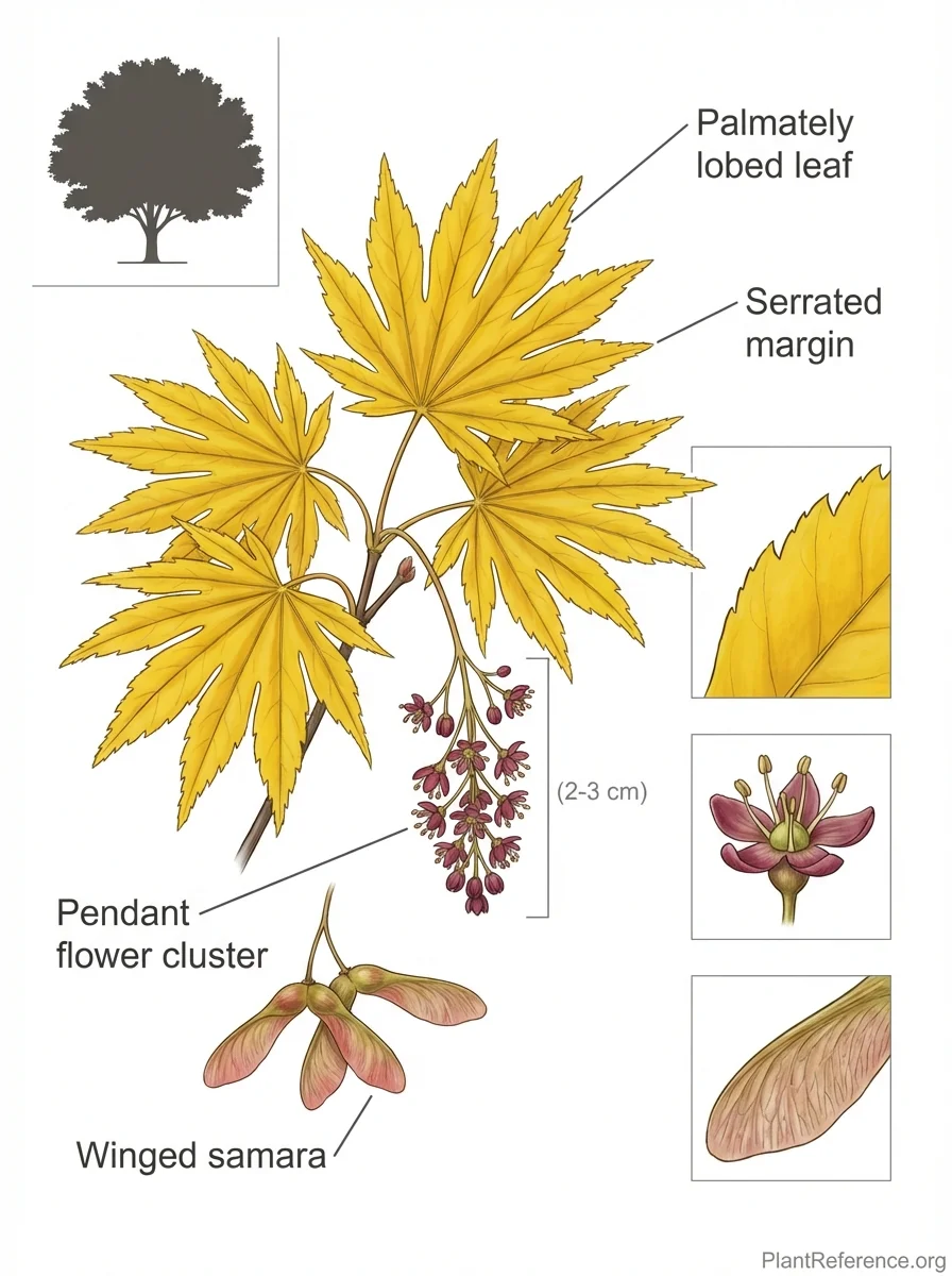 Botanical illustration of Acer shirasawanum 'Aureum' (Golden Full Moon Maple) showing key identification features including golden palmately lobed leaves and growth habit