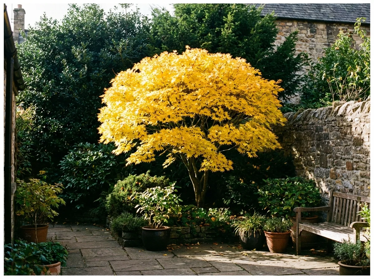 Acer shirasawanum 'Aureum' (Golden Full Moon Maple) displaying its characteristic golden-yellow foliage in a garden setting
