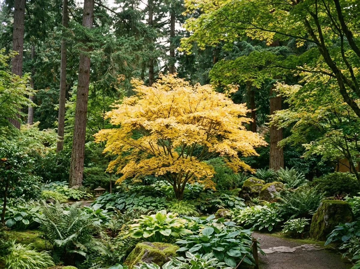 Acer shirasawanum 'Aureum' (Golden Full Moon Maple) displaying its characteristic golden-yellow foliage in a garden setting (alternate view 2)