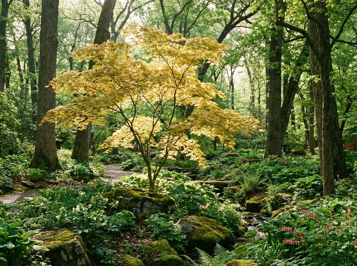 Acer shirasawanum 'Aureum' (Golden Full Moon Maple) displaying its characteristic golden-yellow foliage in a garden setting (alternate view 3)