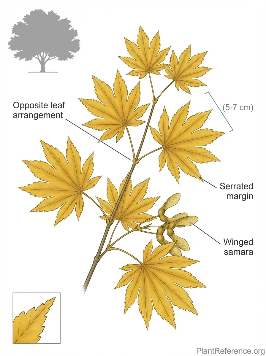 Botanical illustration of Acer shirasawanum 'Autumn Moon' (Autumn Moon Maple) showing key identification features