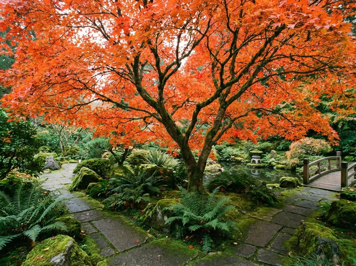 Acer shirasawanum 'Autumn Moon' (Autumn Moon Maple) growing as a small specimen tree in a garden landscape