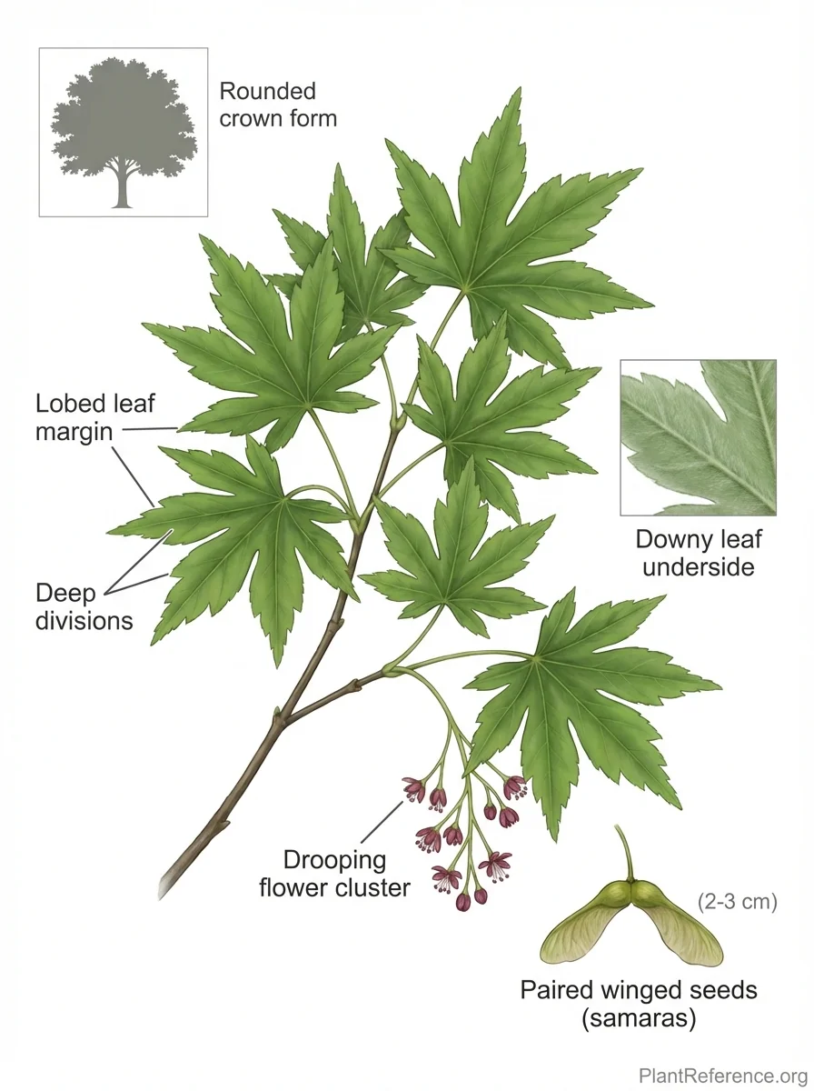 Botanical illustration of Acer sieboldianum (Siebold Maple) showing key identification features including deeply divided star-shaped leaves, flowers, and seeds