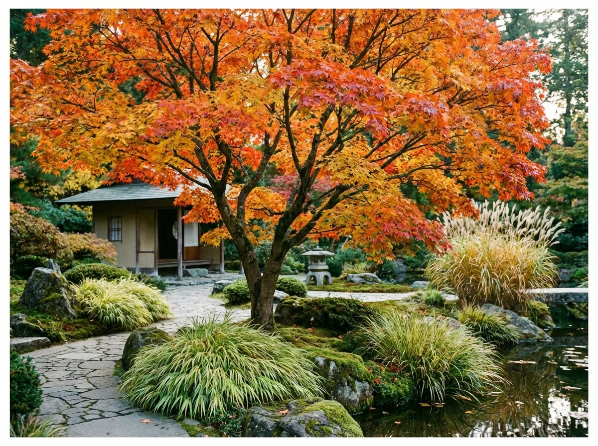 Acer sieboldianum (Siebold Maple) displaying its characteristic deeply lobed leaves and compact growth habit in a garden landscape
