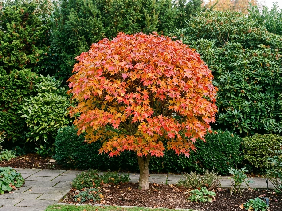 Acer sieboldianum (Siebold Maple) displaying its characteristic deeply lobed leaves and compact growth habit in a garden landscape (alternate view 2)