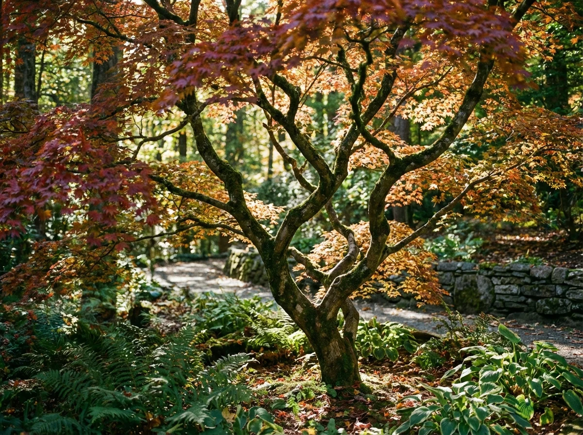 Acer sieboldianum (Siebold Maple) displaying its characteristic deeply lobed leaves and compact growth habit in a garden landscape (alternate view 3)