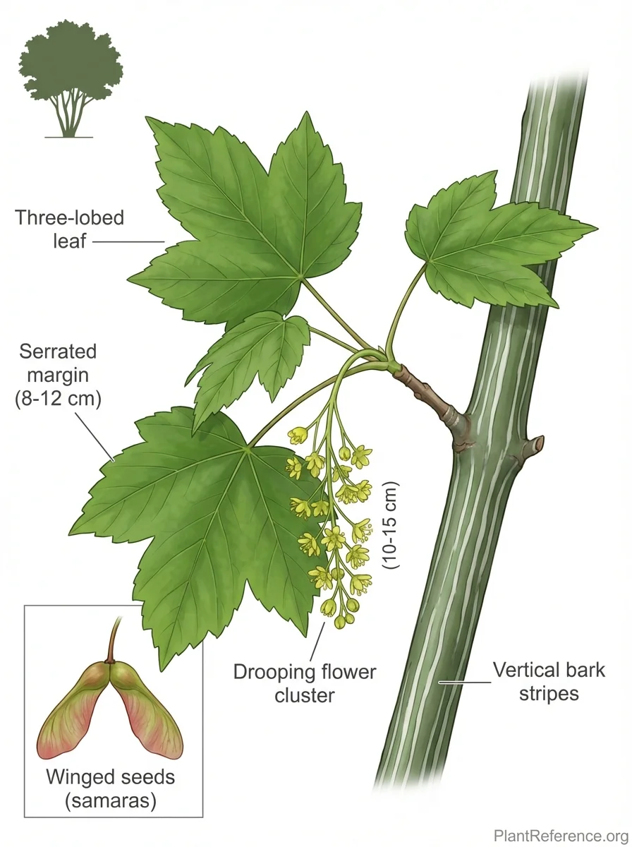 Botanical illustration of Acer tegmentosum 'Joe Witt' (Joe Witt Striped Maple) showing key identification features