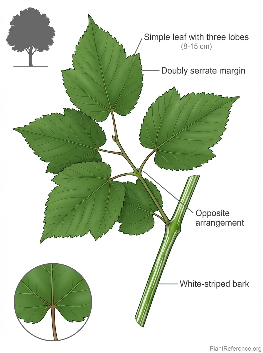 Botanical illustration of Acer tegmentosum (Manchurian Striped Maple) showing key identification features including three-lobed simple leaves, doubly serrate margins, and distinctive white-striped green bark