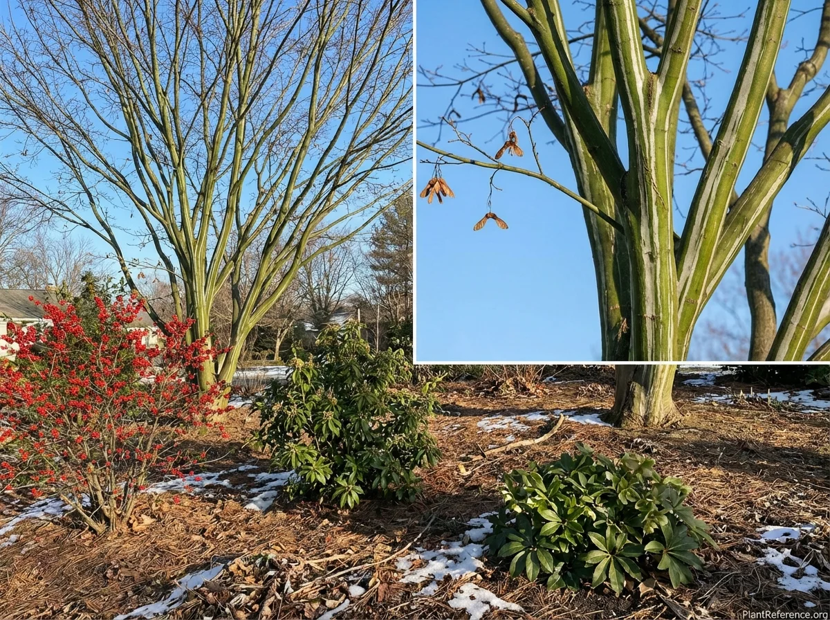 Acer tegmentosum (Manchurian Striped Maple) mature specimen in winter showing striking green bark with white vertical stripes and architectural form