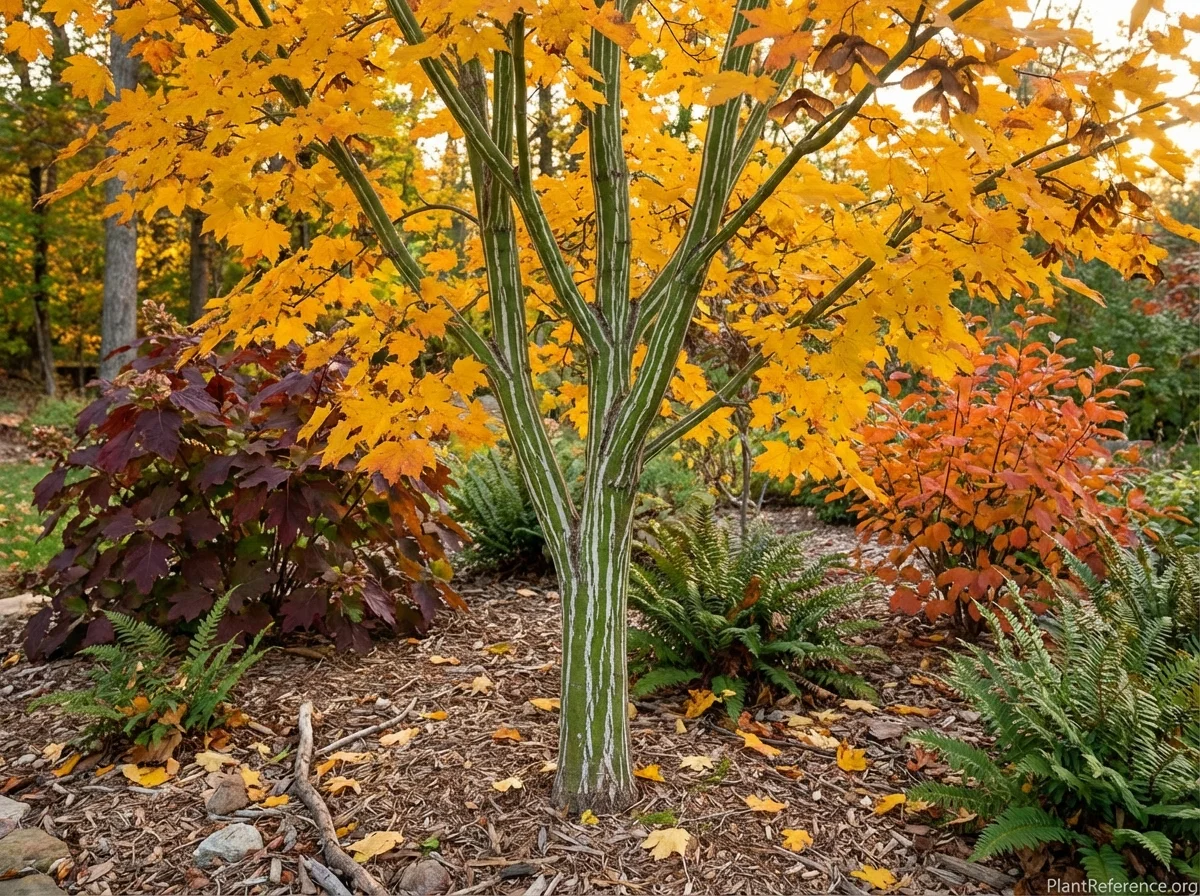 Acer tegmentosum (Manchurian Striped Maple) displaying brilliant fall foliage and distinctive white-striped bark in woodland garden setting