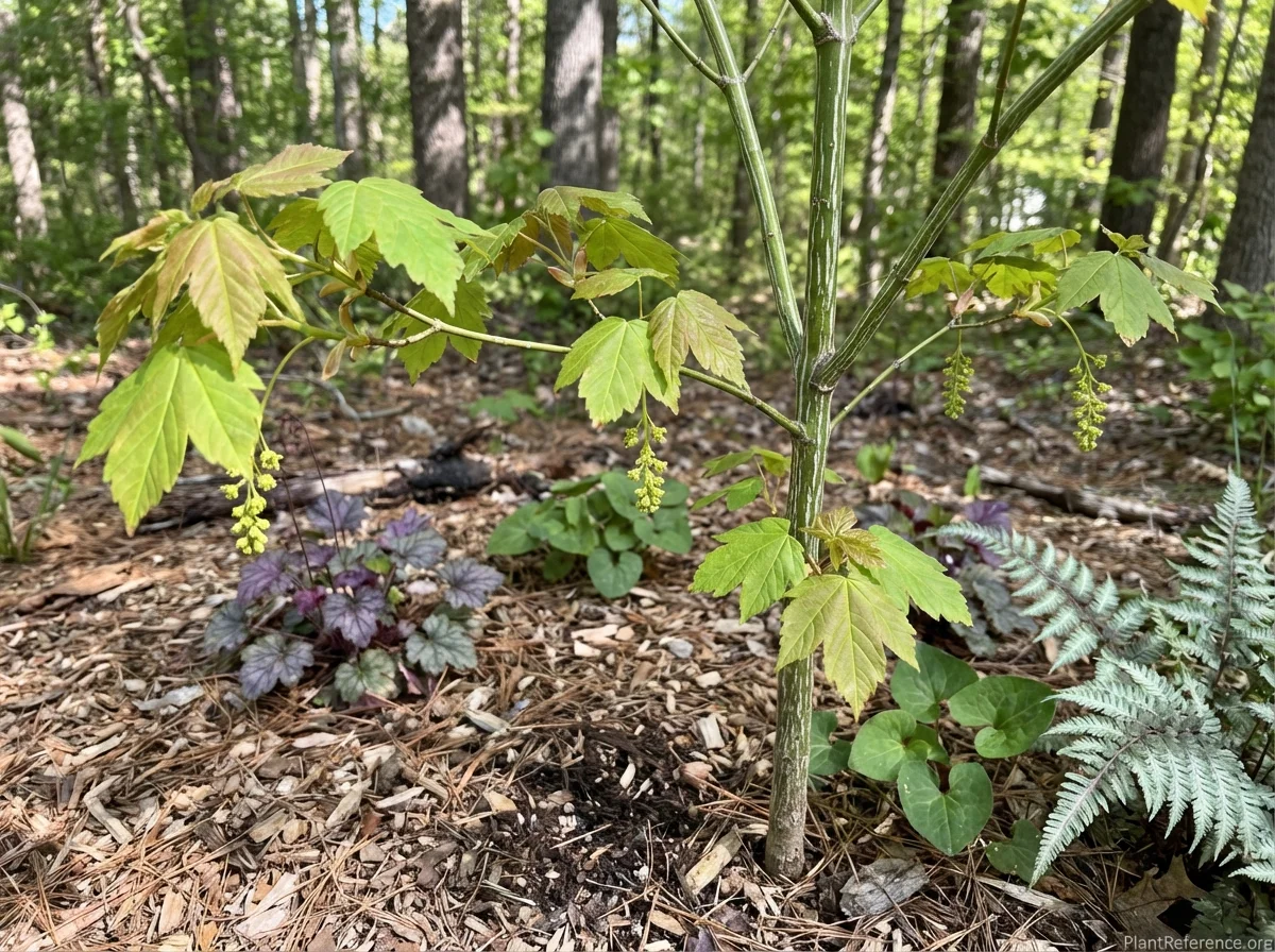Acer tegmentosum (Manchurian Striped Maple) young tree in spring with emerging foliage and early white bark striping development